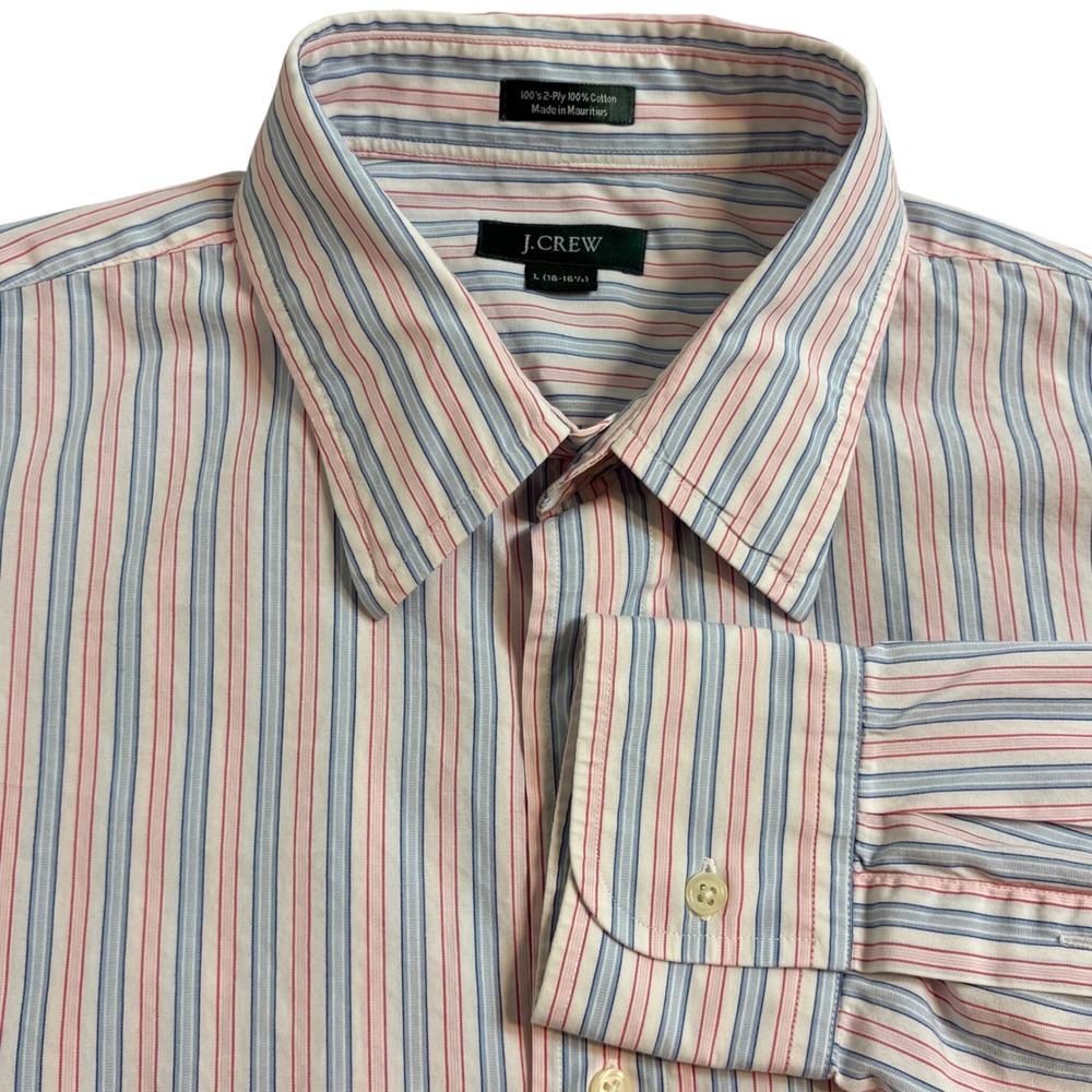 J.Crew Men's L 16-16.5 100s 2-Ply Cotton Pink Blue Stripe Dress Shirt
